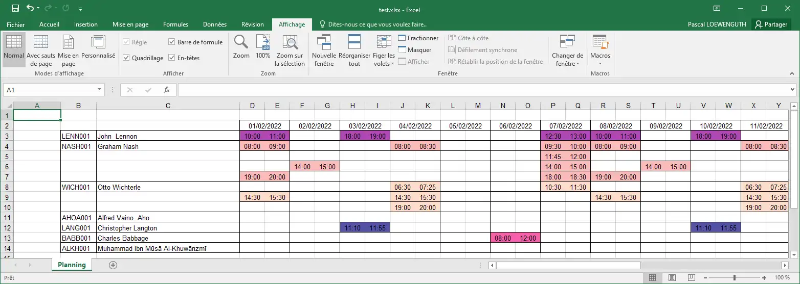 Planning exporté sur Excel